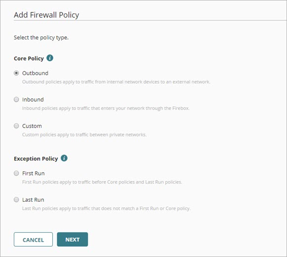 Screen shot of the Add Firewall Policy page, policy types selection