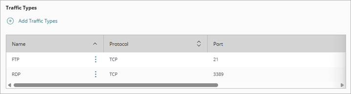 Screen shot of traffic types added to a policy