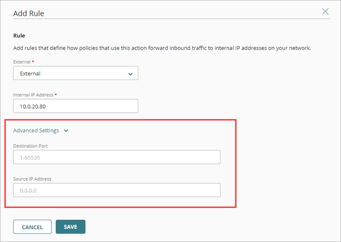 Screen shot of the Advanced Settings for an SNAT rule