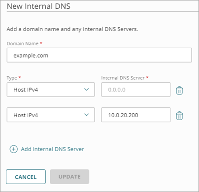 Screen shot of the Internal DNS settings