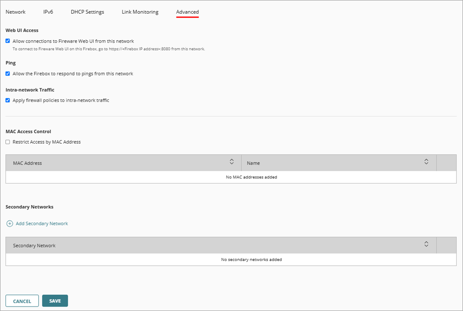 Screen shot of the Advanced tab for an internal network