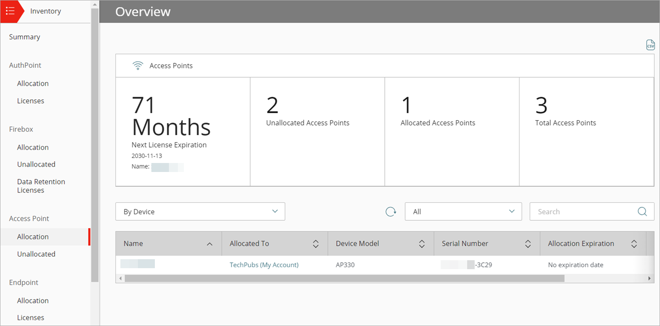 Screen shot of the AP allocation summary by device name
