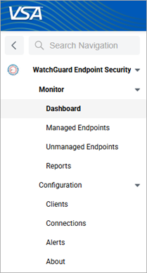 Screen shot of the left navigation menu of the WatchGuard Endpoint Security plug-in for Kaseya VSA