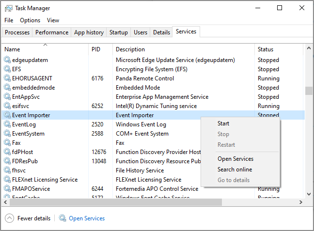 サービスはタスク マネージャーで実行されます。