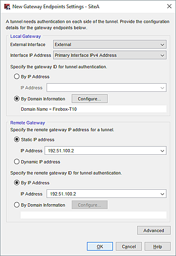 Screen shot of the New Gateway Endpoints Settings dialog box with domain information configured