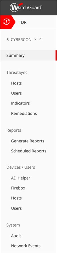 Screen shot of the TDR Monitor left navigation menu in WatchGuard Cloud