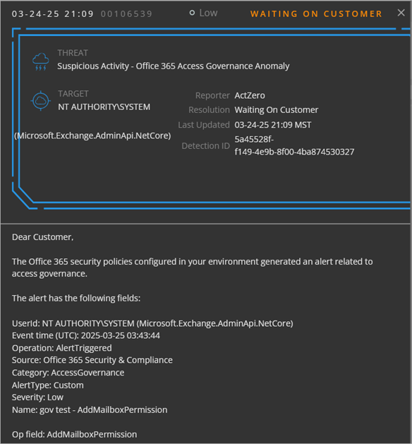 Screen shot of MDR portal Investigations details