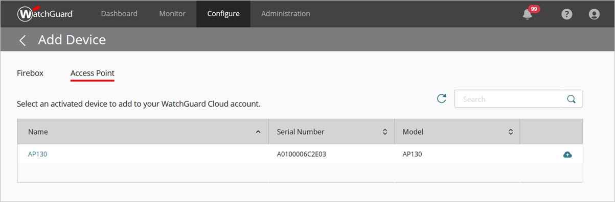 Screenshot of the Add Device list for access points