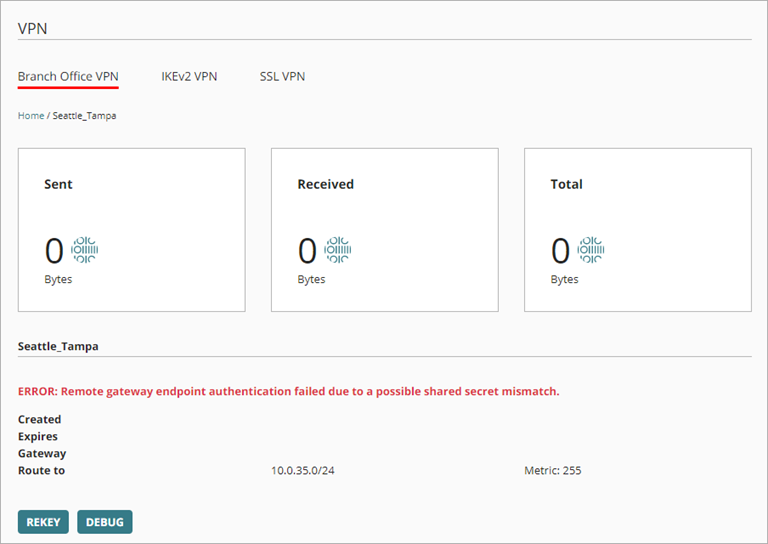 Screen shot of details for an inactive BOVPN, with an error message