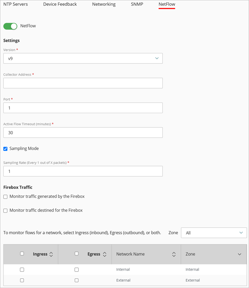 Screenshot of the Device Settings page, NetFlow tab