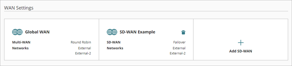 Screen shot of the WAN Settings section of the Networks page, with Global WAN and SD-WAN settings configured