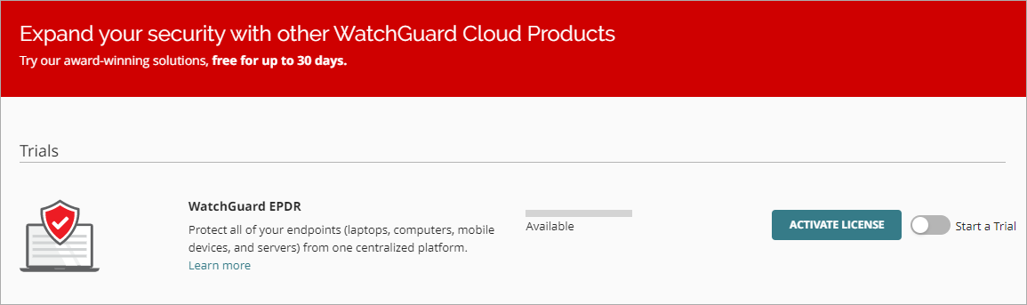 Screen shot of available trials in WatchGuard Cloud.