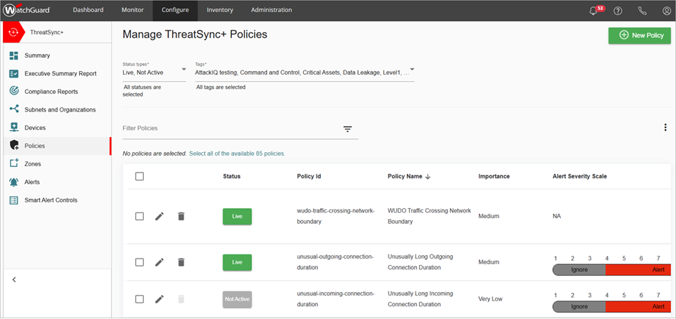 Screenshot of the Manage Policies page in ThreatSync+ NDR