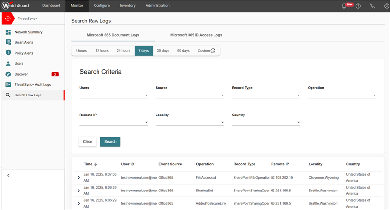 Screenshot of the Search Raw Logs page in ThreatSync+ with a SaaS license
