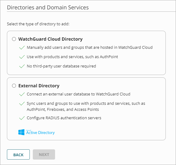 Screen shot of the Add Authentication Domain page, select directory type step.