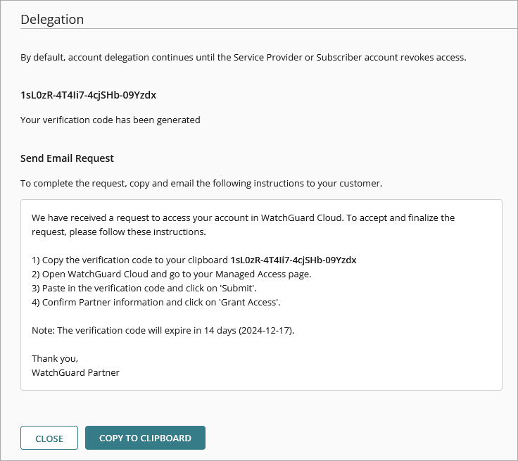 Screen shot of the Delegation dialog box that shows a generated verification code and text for an email request