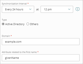 Screen shot that shows the Synchronization Interval and Type fields on the Add External Identity page.