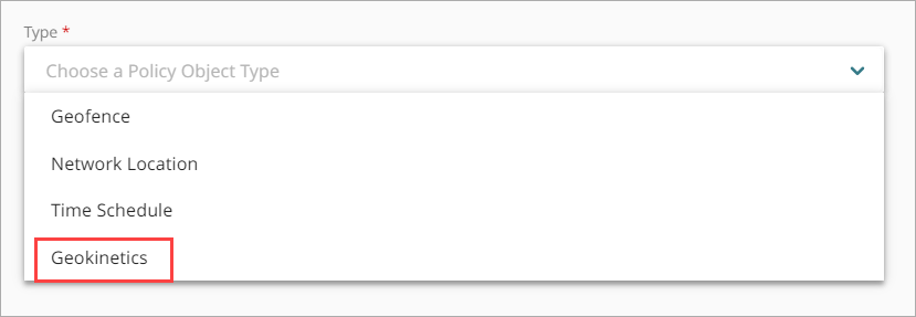 Screenshot of the Type drop-down list on the Add Policy Object page.