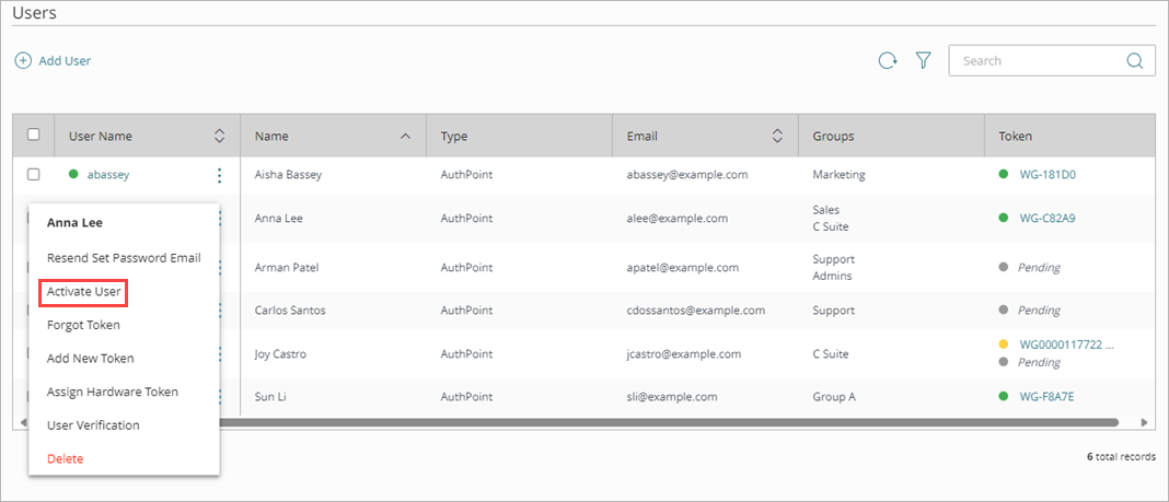 Screen shot that shows the menu for a user on the Users page.