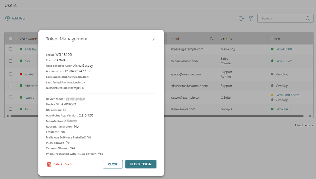 Screen shot that shows the Token Management window.