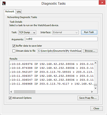 Screen shot of the Diagnostic Tasks dialog box, TCP Dump task with Buffer data to save later option and the Save Pcap file button