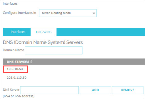 Screen shot of the Network DNS server list on the Firebox