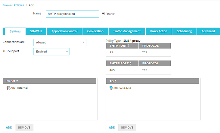 Screen shot of inbound SMTP policy