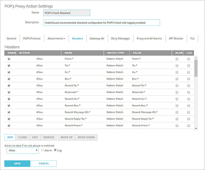 Screen shot of the Edit Proxy Actions page for the POP3-Client, Headers section