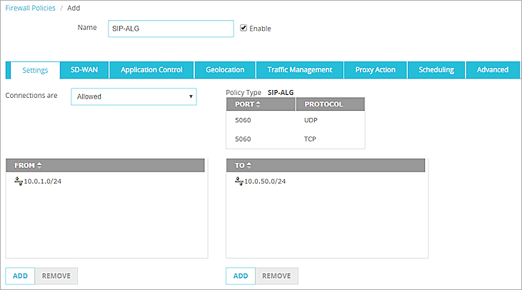 Screen shot of the policy settings