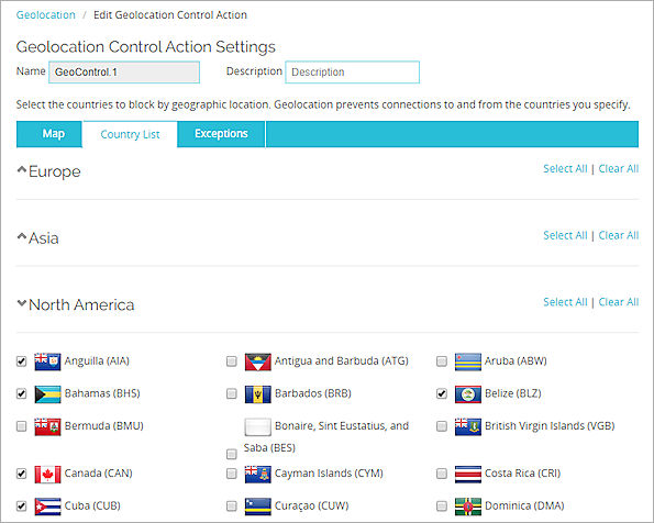 Screen shot of the Geolocation page, Country List tab