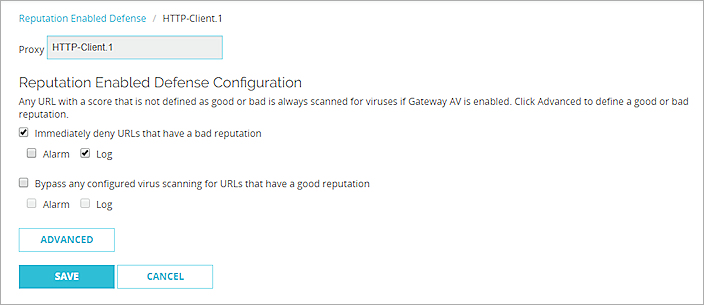 Screenshot of the Reputation Enabled Defense page for a proxy action in Fireware Web UI