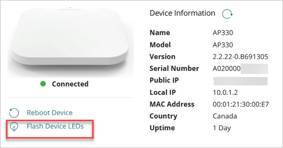 Screen shot of the device settings with Flash Device LEDs highlighted