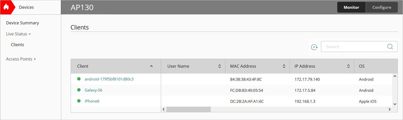 Screen shot of the Live Status > Clients page for an access point