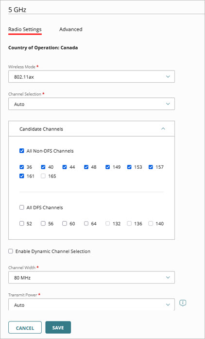Screen shot of the 5GHz radio settings for an access point