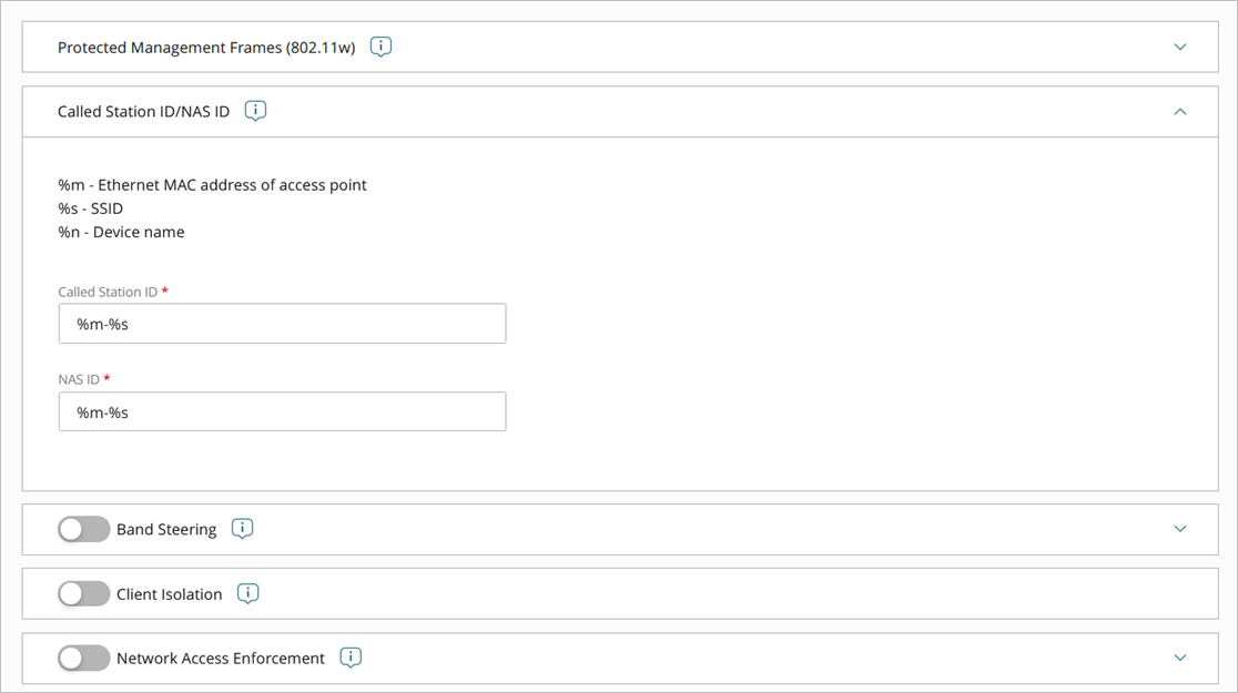 Screen shot of the SSID advanced settings (Called Station ID/NAS ID) for an access point