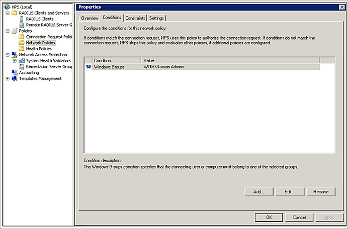 Screen shot of NPS network policy Conditions tab