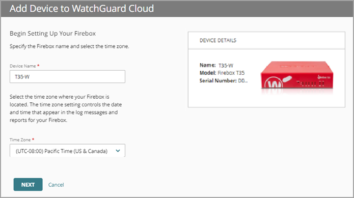Screenshot of the Device Name and Time Zone settings