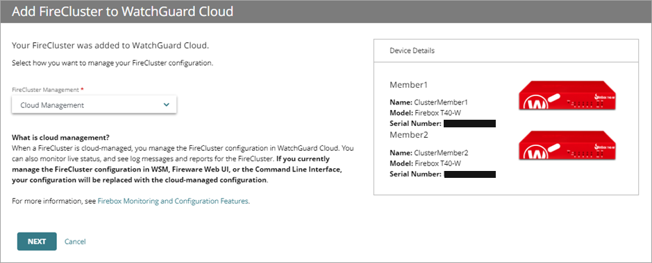 Screenshot of the Add Device page with the Cloud Management option selected