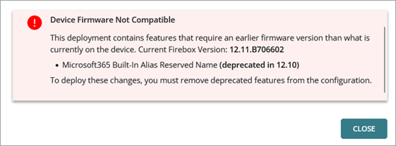 Screen shot of device Fireware upgrade UI and not compatible