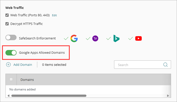 Screenshot of the Web Traffic section of an Outbound policy with Google Apps Allowed Domains enabled.
