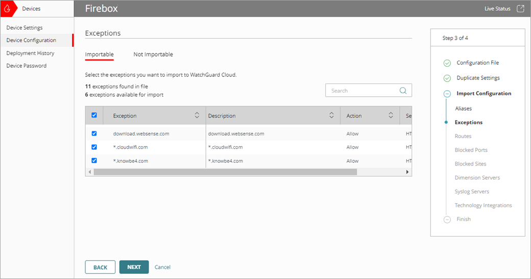 Screenshot of the Import Configuration wizard, Exceptions page