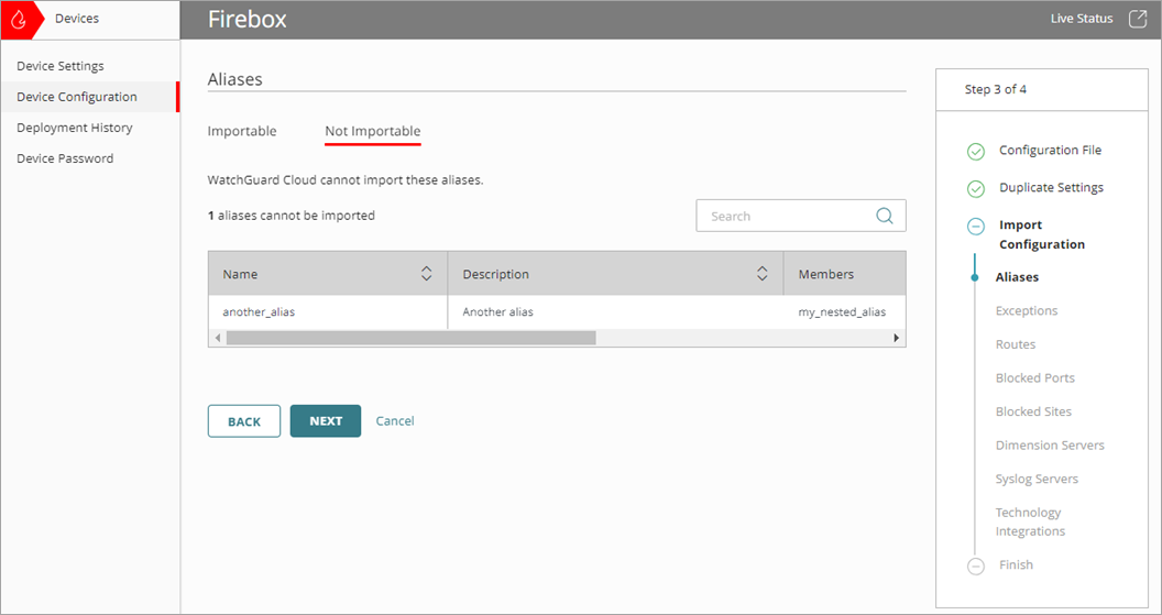 Screenshot of the Import Configuration wizard, Not Importable tab