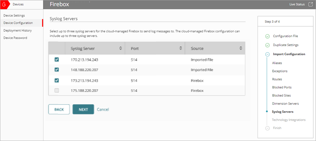 Screenshot of the Import Configuration wizard, Syslog Servers page