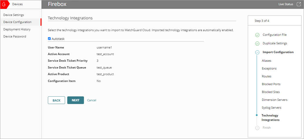 Screenshot of the Import Configuration wizard, Technology Integrations page
