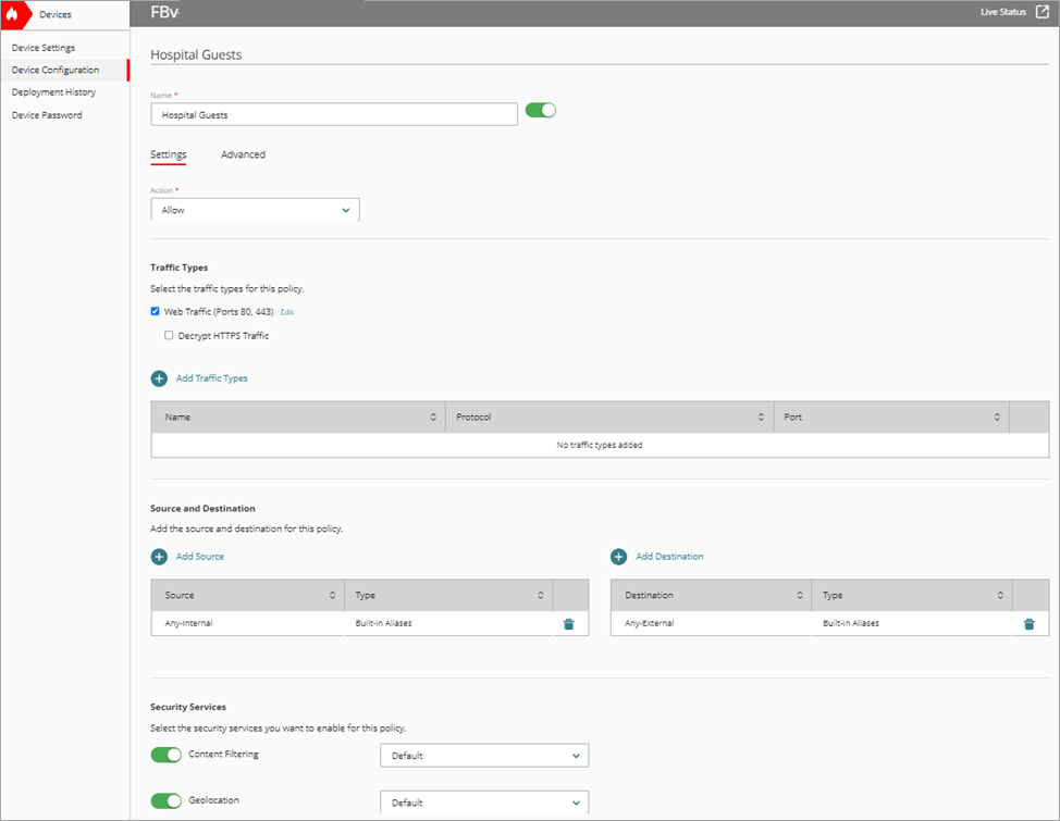 Screenshot of the Security Services section