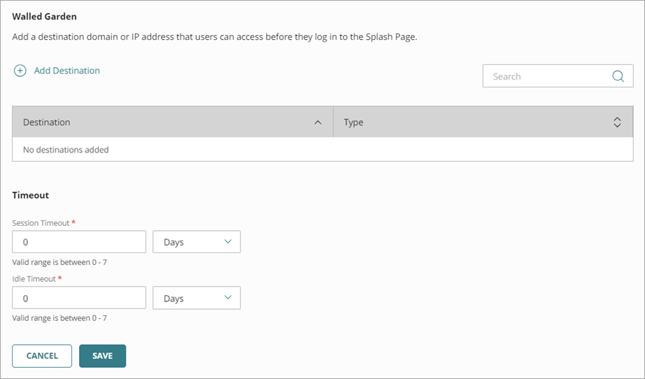 Screenshot of the Walled Garden and Timeout settings page