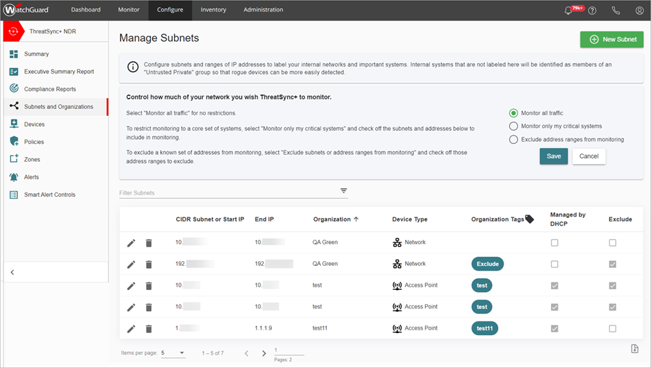 Screen shot of Manage Subnets page, ThreatSync+ NDR