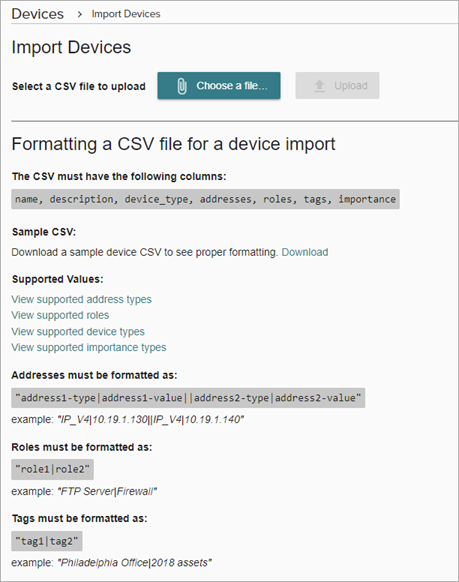 Screenshot of the Import Devices page in Configure > ThreatSync+ NDR