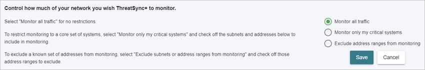 Screen shot of Manage Subnets page, ThreatSync+ NDR, select monitoring behavior