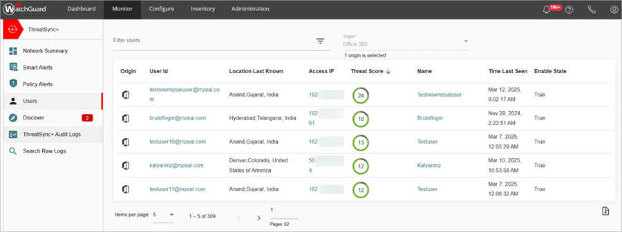 Screenshot of Users page in ThreatSync+ with a SaaS license
